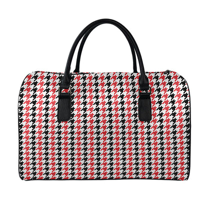 Red Black And White Houndstooth Print Leather Duffle Bag