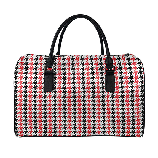 Red Black And White Houndstooth Print Leather Duffle Bag