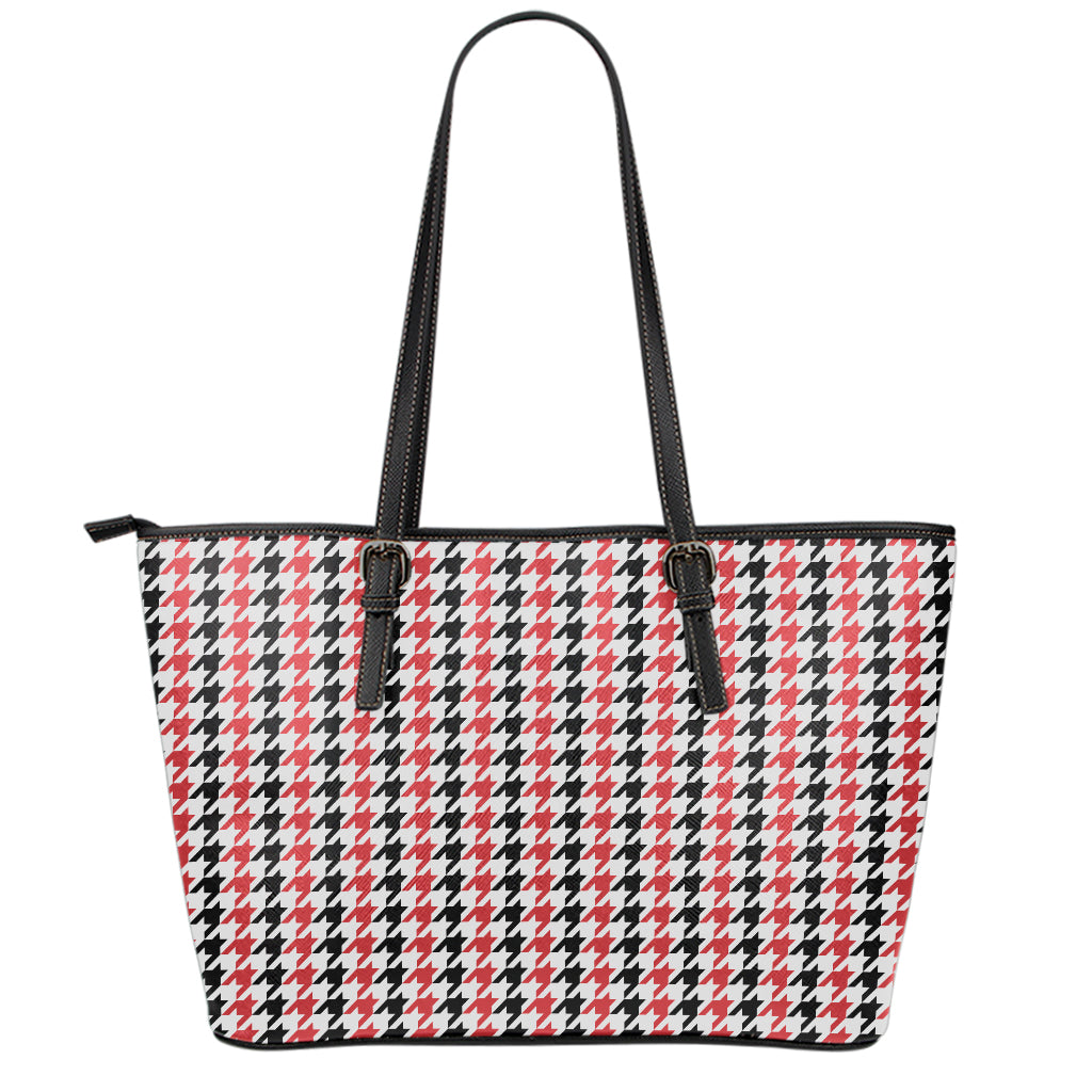 Red Black And White Houndstooth Print Leather Tote Bag