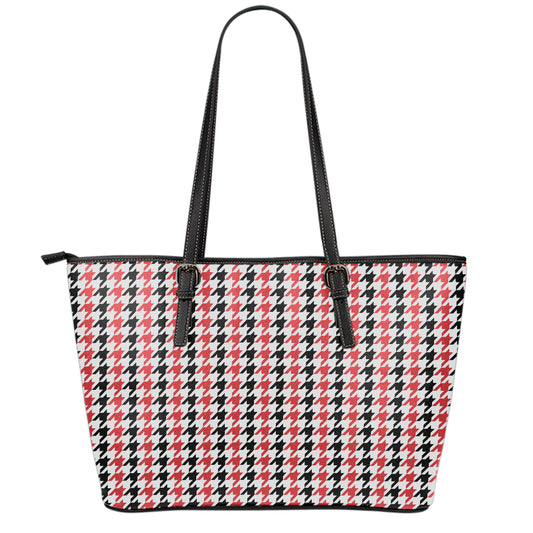 Red Black And White Houndstooth Print Leather Tote Bag