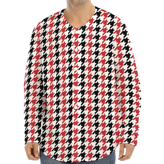 Red Black And White Houndstooth Print Long Sleeve Baseball Jersey