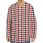 Red Black And White Houndstooth Print Long Sleeve Baseball Jersey
