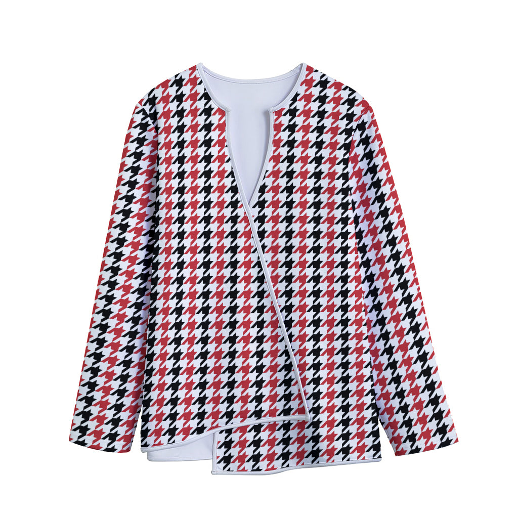 Red Black And White Houndstooth Print Long Sleeve Short Coat