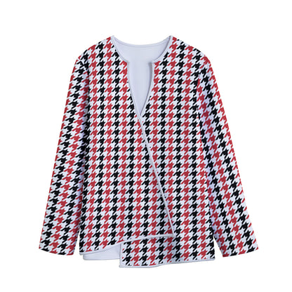 Red Black And White Houndstooth Print Long Sleeve Short Coat