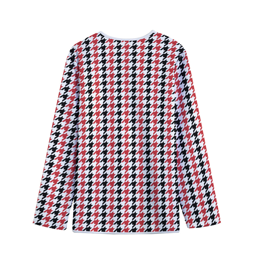 Red Black And White Houndstooth Print Long Sleeve Short Coat