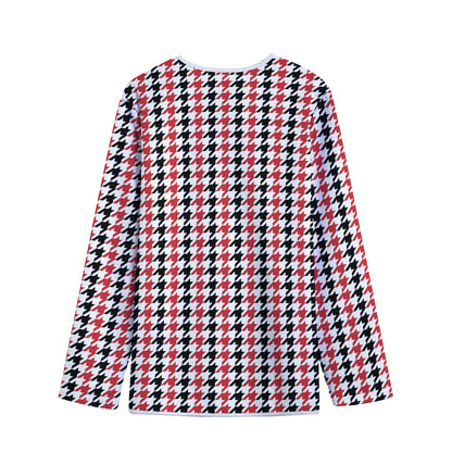 Red Black And White Houndstooth Print Long Sleeve Short Coat