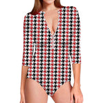 Red Black And White Houndstooth Print Long Sleeve Swimsuit