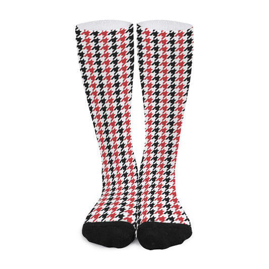 Red Black And White Houndstooth Print Long Socks