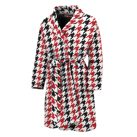 Red Black And White Houndstooth Print Men's Bathrobe