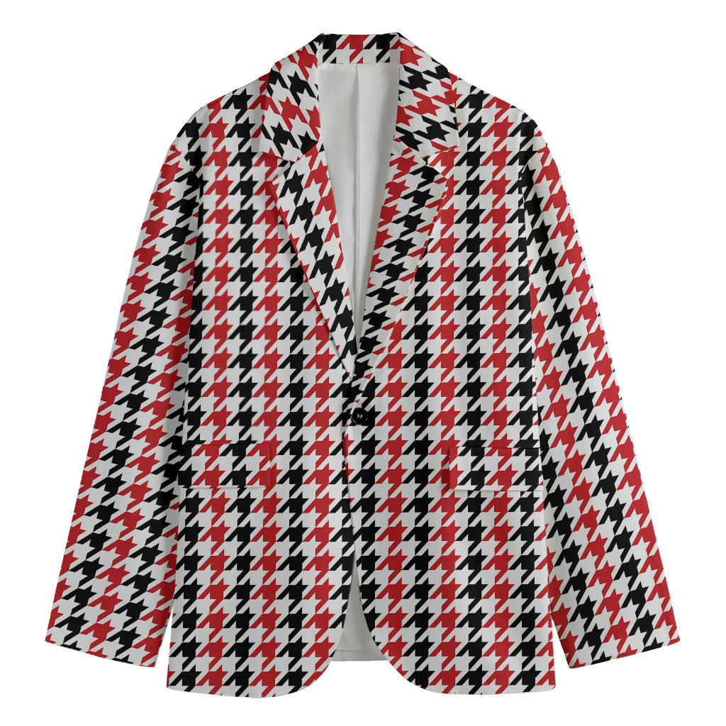 Red Black And White Houndstooth Print Men's Blazer