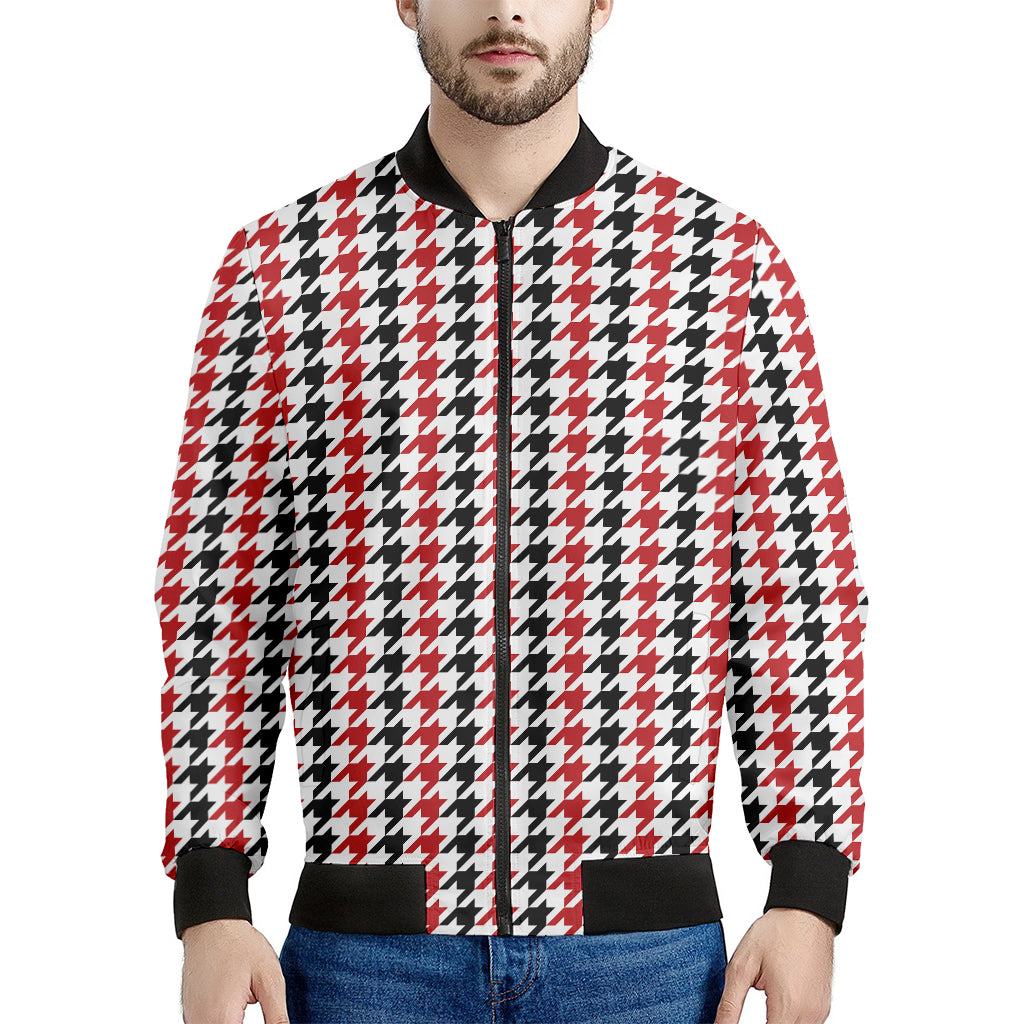 Red Black And White Houndstooth Print Men's Bomber Jacket