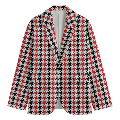 Red Black And White Houndstooth Print Men's Cotton Blazer