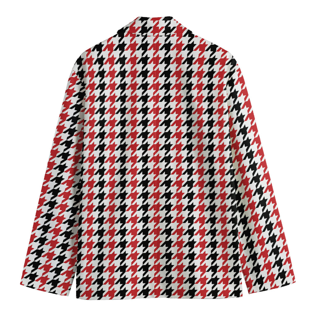 Red Black And White Houndstooth Print Men's Cotton Blazer