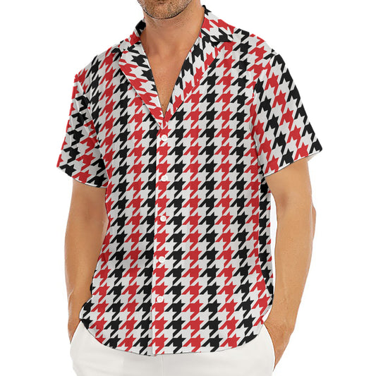 Red Black And White Houndstooth Print Men's Deep V-Neck Shirt