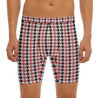 Red Black And White Houndstooth Print Men's Long Boxer Briefs