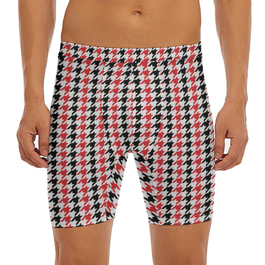 Red Black And White Houndstooth Print Men's Long Boxer Briefs