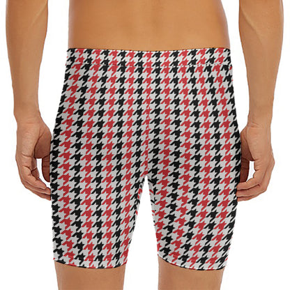 Red Black And White Houndstooth Print Men's Long Boxer Briefs