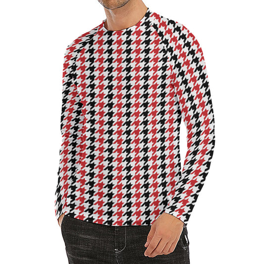 Red Black And White Houndstooth Print Men's Long Sleeve Rash Guard