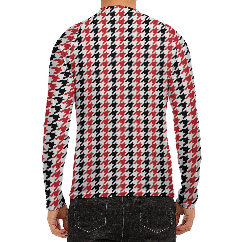 Red Black And White Houndstooth Print Men's Long Sleeve Rash Guard