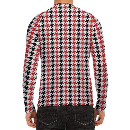 Red Black And White Houndstooth Print Men's Long Sleeve Rash Guard