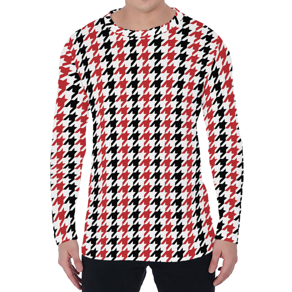 Red Black And White Houndstooth Print Men's Long Sleeve T-Shirt