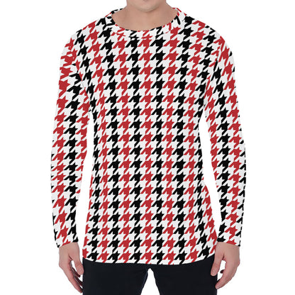 Red Black And White Houndstooth Print Men's Long Sleeve T-Shirt