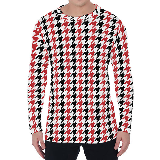 Red Black And White Houndstooth Print Men's Long Sleeve T-Shirt