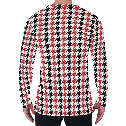 Red Black And White Houndstooth Print Men's Long Sleeve T-Shirt