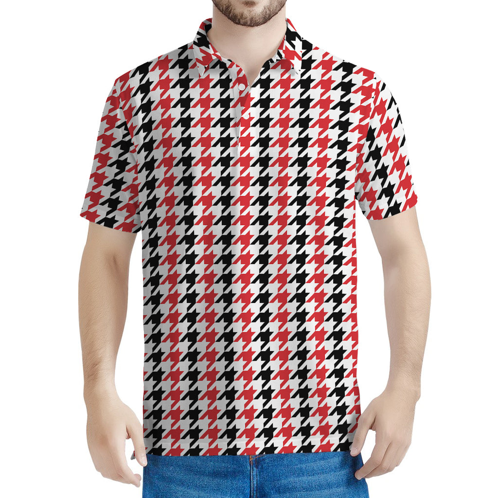 Red Black And White Houndstooth Print Men's Polo Shirt
