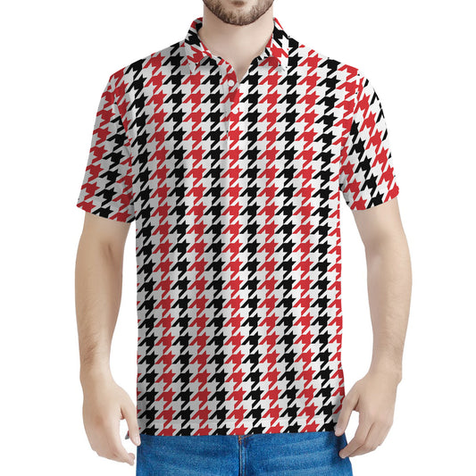 Red Black And White Houndstooth Print Men's Polo Shirt