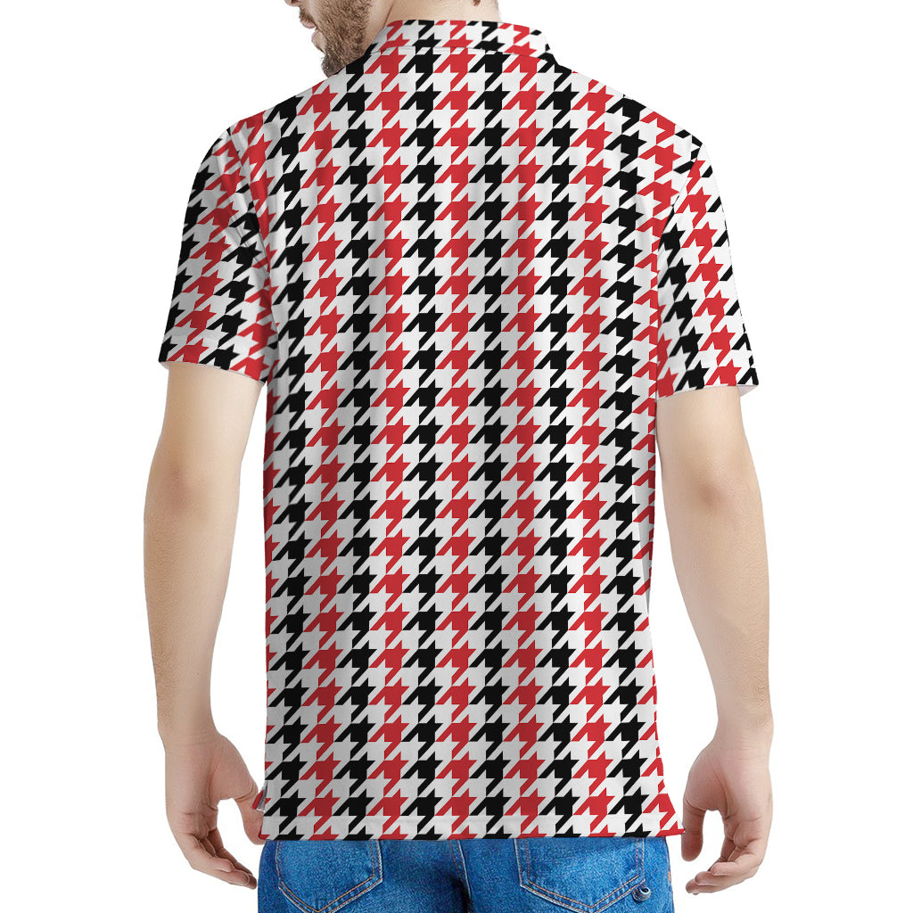 Red Black And White Houndstooth Print Men's Polo Shirt