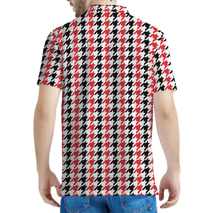 Red Black And White Houndstooth Print Men's Polo Shirt