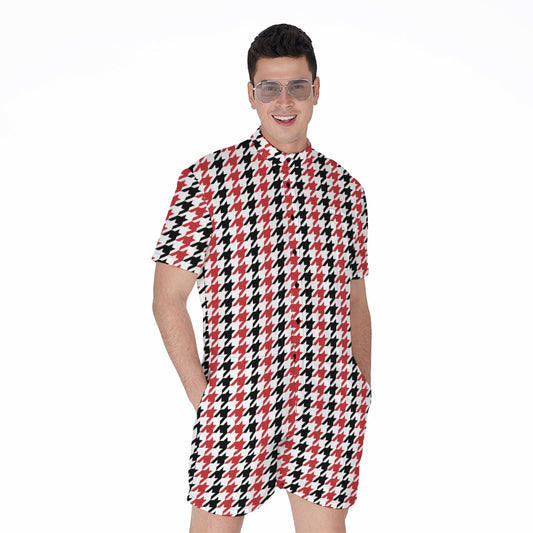 Red Black And White Houndstooth Print Men's Rompers