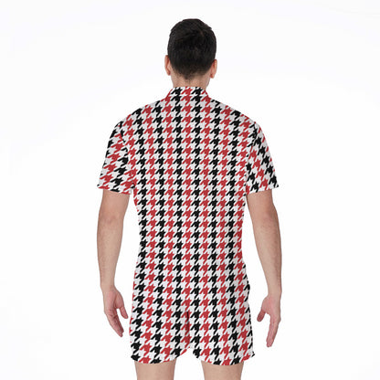 Red Black And White Houndstooth Print Men's Rompers