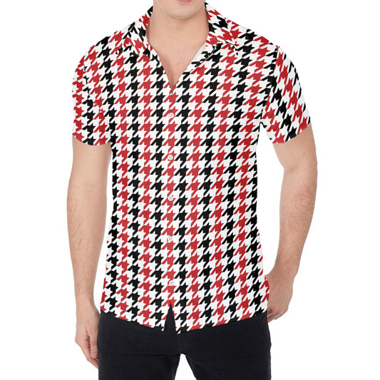 Red Black And White Houndstooth Print Men's Shirt