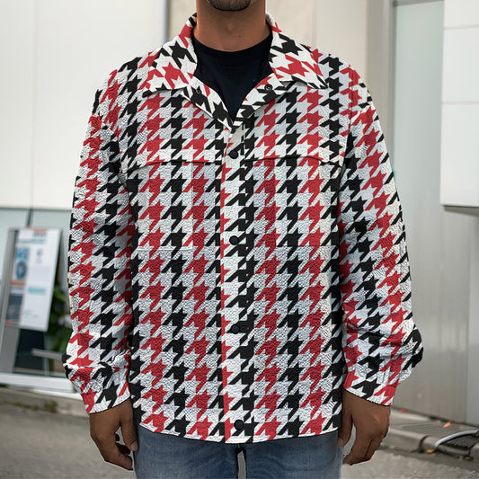 Red Black And White Houndstooth Print Men's Shirt Jacket