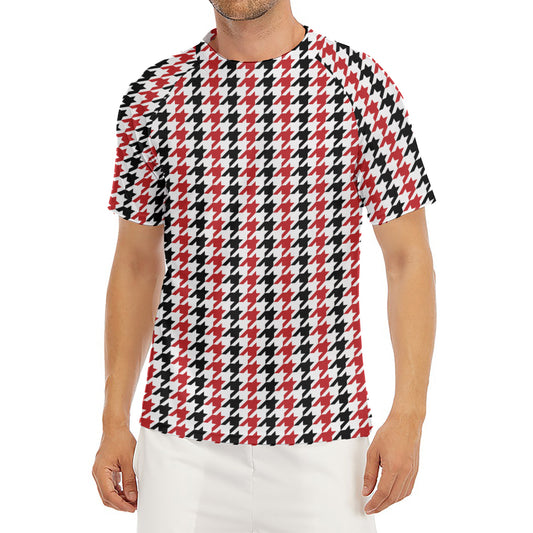 Red Black And White Houndstooth Print Men's Short Sleeve Rash Guard