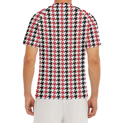 Red Black And White Houndstooth Print Men's Short Sleeve Rash Guard