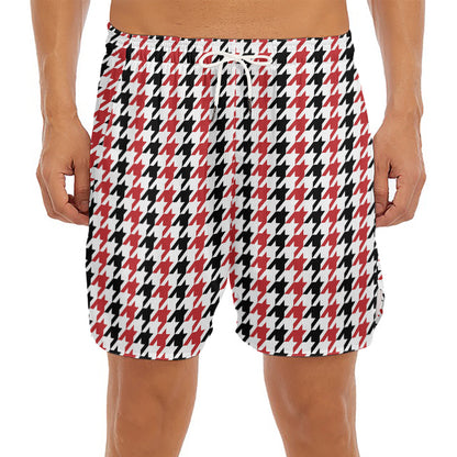 Red Black And White Houndstooth Print Men's Split Running Shorts