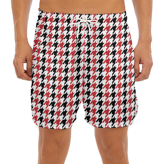 Red Black And White Houndstooth Print Men's Split Running Shorts