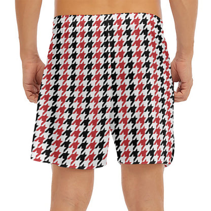 Red Black And White Houndstooth Print Men's Split Running Shorts
