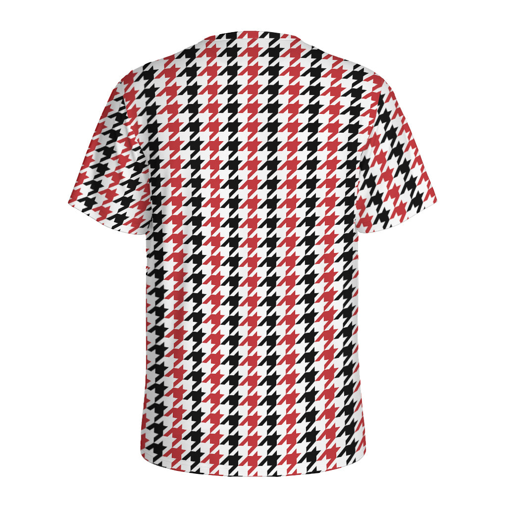Red Black And White Houndstooth Print Men's Sports T-Shirt