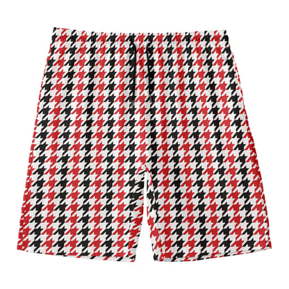 Red Black And White Houndstooth Print Men's Swim Trunks