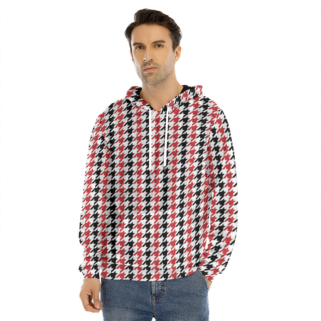Red Black And White Houndstooth Print Men's Velvet Pullover Hoodie