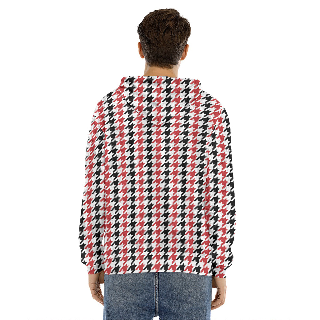 Red Black And White Houndstooth Print Men's Velvet Pullover Hoodie