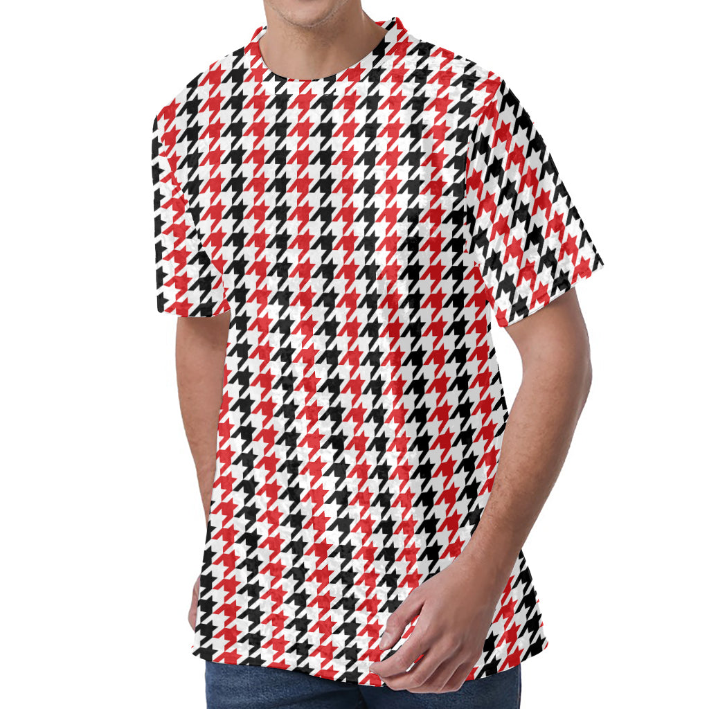 Red Black And White Houndstooth Print Men's Velvet T-Shirt