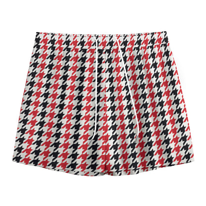 Red Black And White Houndstooth Print Mesh Shorts