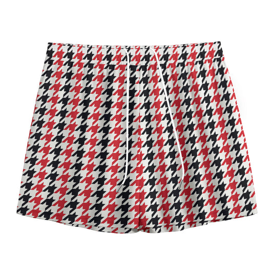 Red Black And White Houndstooth Print Mesh Shorts