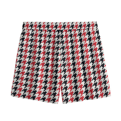 Red Black And White Houndstooth Print Mesh Shorts