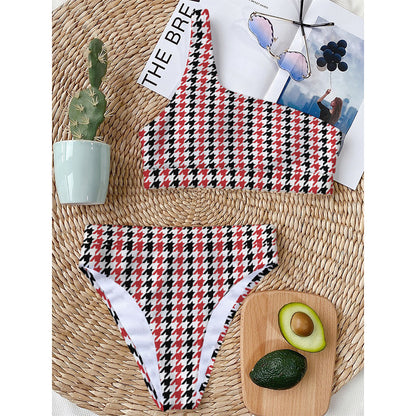 Red Black And White Houndstooth Print One Shoulder Bikini Top